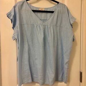 LOFT XXL Light Blue Linen V-Neck Blouse – Ruffle Sleeve Detail